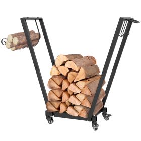 Firewood Rack with Wheels, Metal Log Holder with Kindling and Tool Hooks, Indoor/Outdoor, 31.1" x 11.8" x 31.9", Black