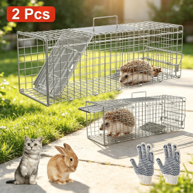 2PCS Heavy Duty Galvanized Steel Live Animal Trap, 24 Inch Foldable Catch Release Cage for Squirrel, Rabbit, Groundhog and Hedgehog