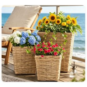 3-Piece Nested Rattan Planter Set, UV Resistant PP Wicker Plant Boxes with Removable Liner & Drainage Holes for Indoor Outdoor Garden Patio