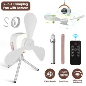 Multi-Mode Camping Fan Lantern Combo Adjustable Wind & Light Levels Timing Function, Dual Control Panel & Remote Detachable Fan Blades Floor Stand Ha