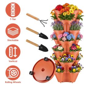 7-Tier Vertical Stackable Planter Tower with Casters, Space-Saving Stack-Up Garden Pots with Complete Tool Kit for Balcony, Deck, Indoor & Outdoor Ga (Option: red)